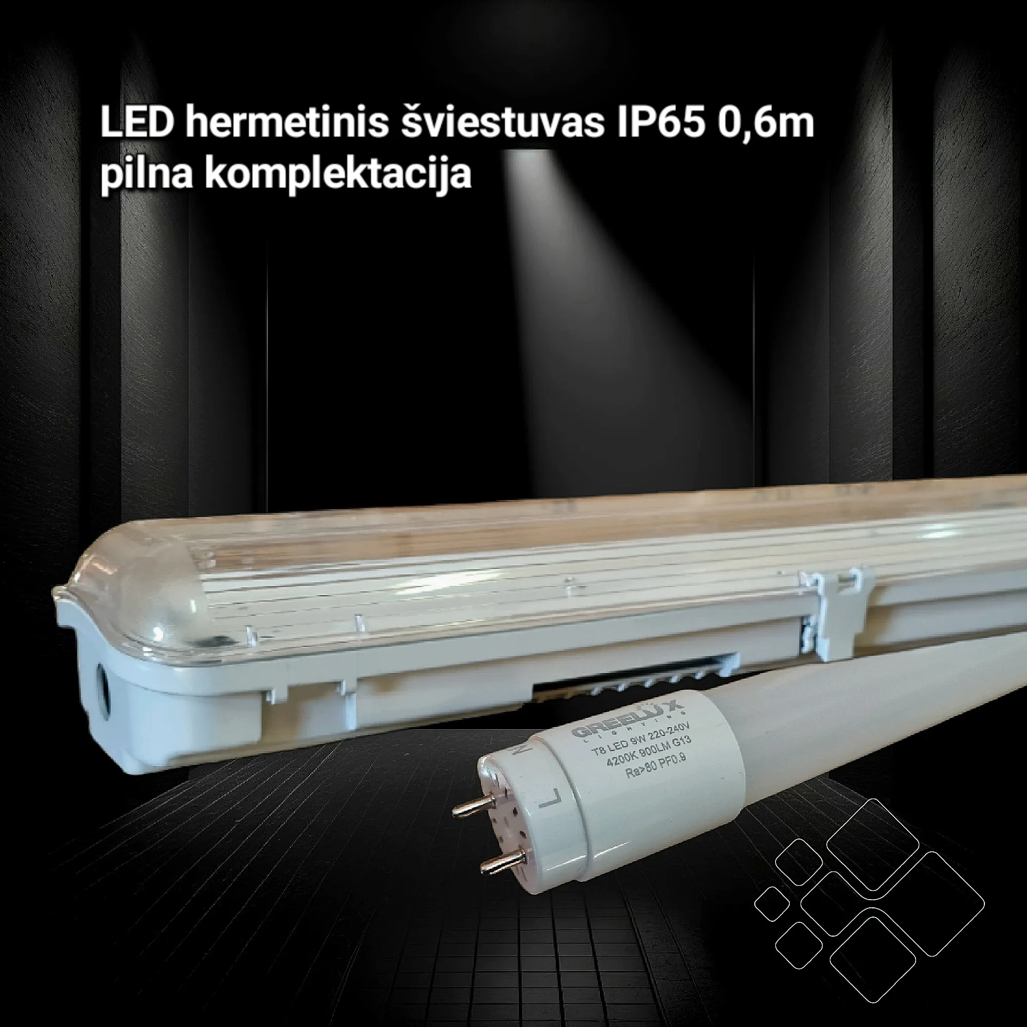 LED hermetinis šviestuvas, 60 cm. Pilna komplektacija