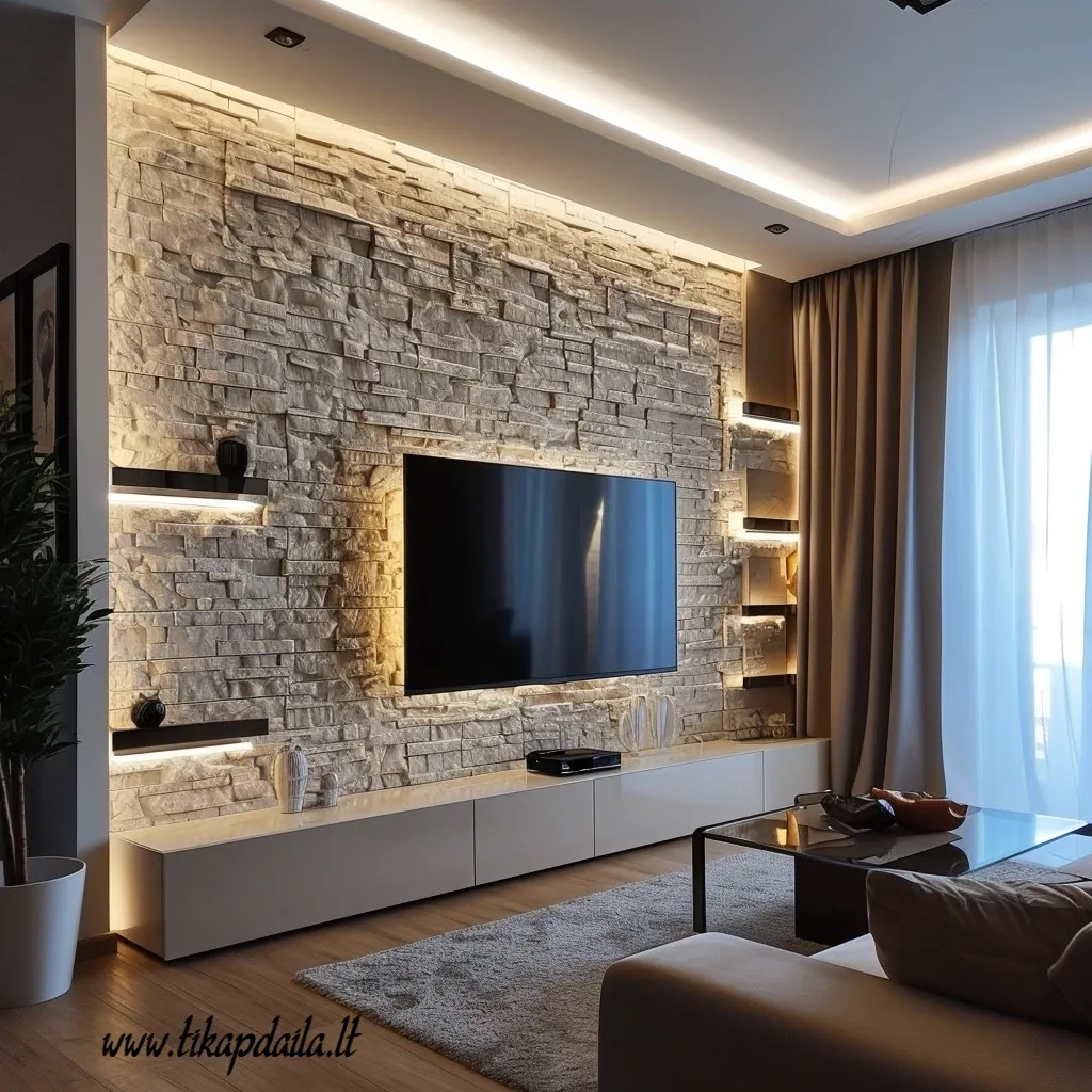 TV sienų apdaila dekoratyviniu akmeniu