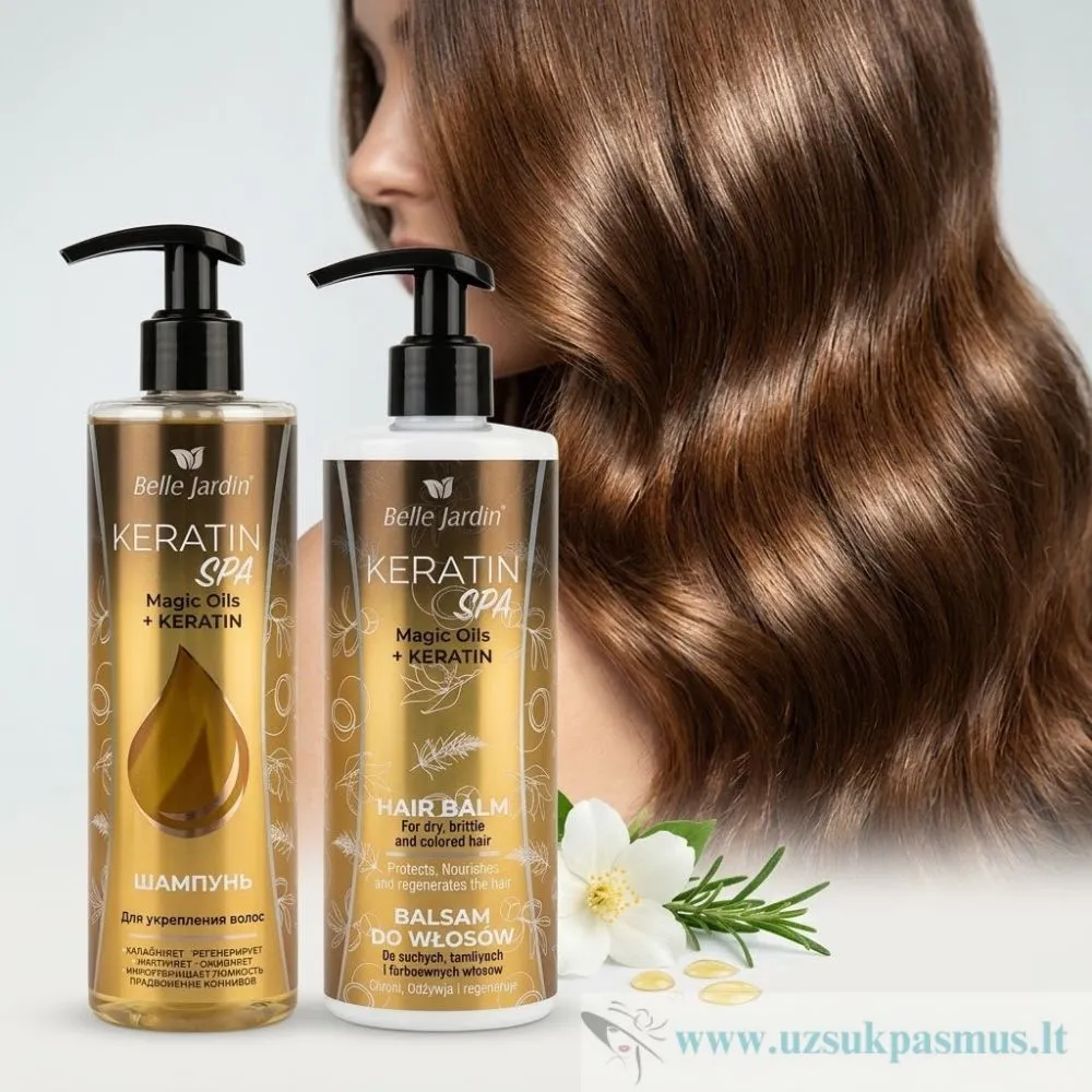 Plaukus stiprinantis šampūnas Belle Jardin – „Magic Oils &amp; Keratin“ ir „Keratin Spa“ plaukų balzamas